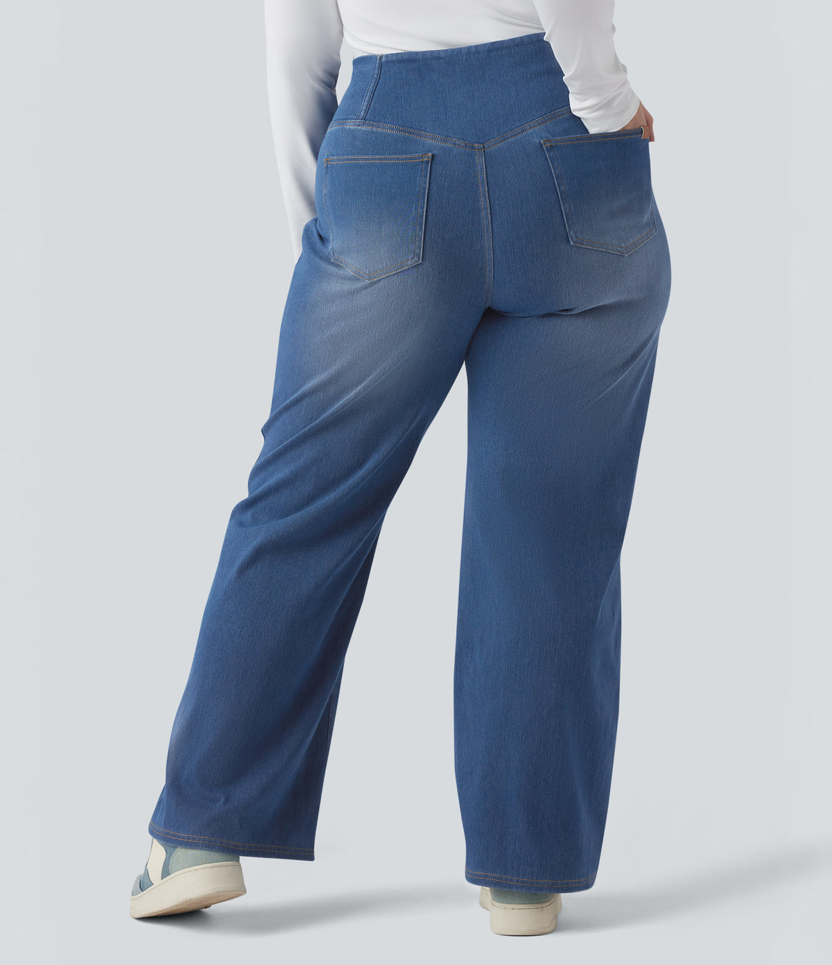 Crossover High Waisted Tummy Control Casual Straight Leg Plus Size Jeans with Pockets — Blue Jasper Denim — view 3