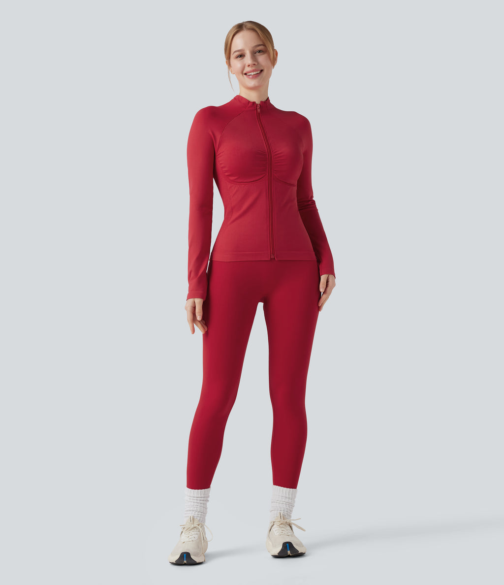 OneForm Seamless Flow Long Sleeve Zipper Ruched Yoga Jacket — Equestrian Red — view 5
