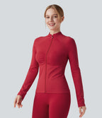 OneForm Seamless Flow Long Sleeve Zipper Ruched Yoga Jacket — Equestrian Red — view 3