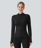 OneForm Seamless Flow Long Sleeve Zipper Ruched Yoga Jacket — Black — view 6