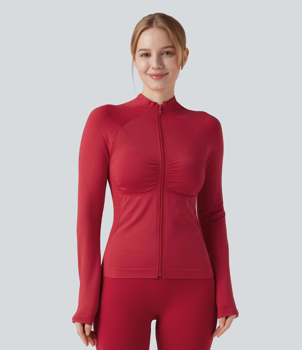 OneForm Seamless Flow Long Sleeve Zipper Ruched Yoga Jacket — Equestrian Red — view 1
