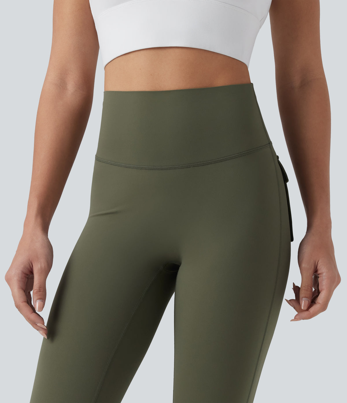 High Waisted Tummy Control Booty Scrunch Training Leggings with Pockets — Grass Grey Green — view 5