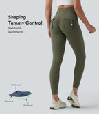 High Waisted Tummy Control Booty Scrunch Training Leggings with Pockets — Grass Grey Green — view 1