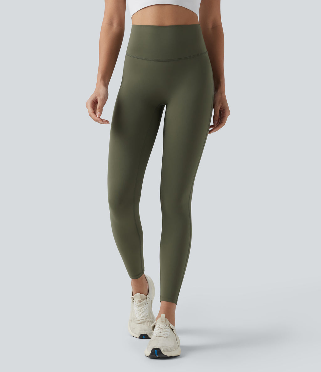 High Waisted Tummy Control Booty Scrunch Training Leggings with Pockets — Grass Grey Green — view 2