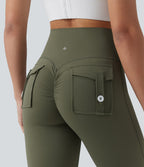 High Waisted Tummy Control Booty Scrunch Training Leggings with Pockets — Grass Grey Green — view 4