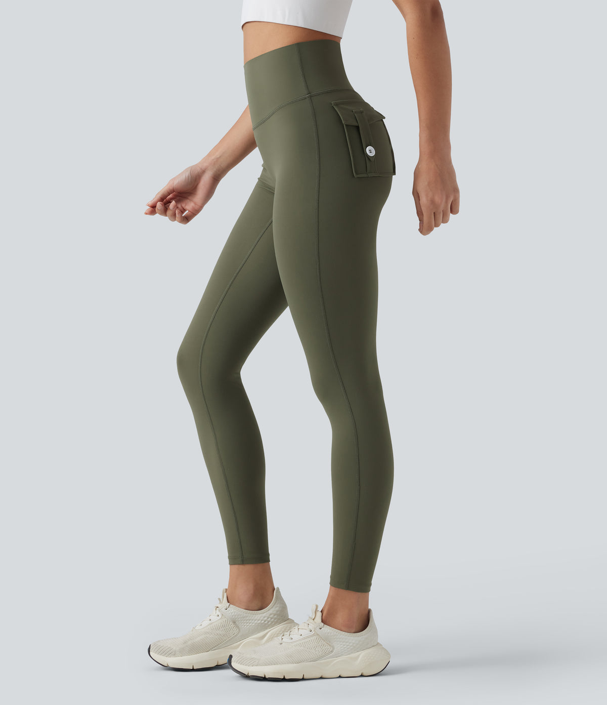 High Waisted Tummy Control Booty Scrunch Training Leggings with Pockets — Grass Grey Green — view 3