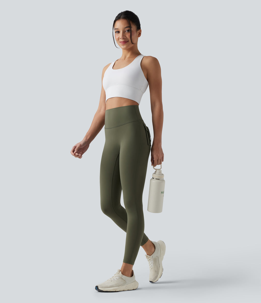 High Waisted Tummy Control Booty Scrunch Training Leggings with Pockets — Grass Grey Green — view 6