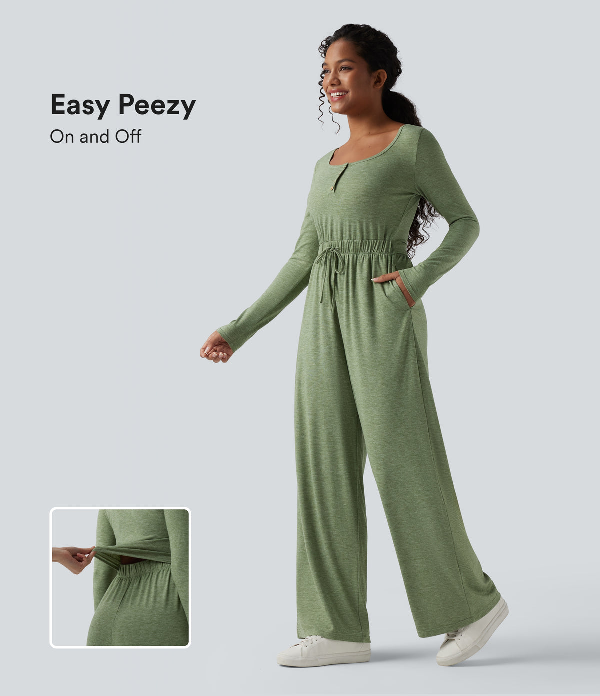 Henley Long Sleeve Drawstring Heathered Casual Baggy Jumpsuit with Pockets — Light Green Floral Yarn — view 1