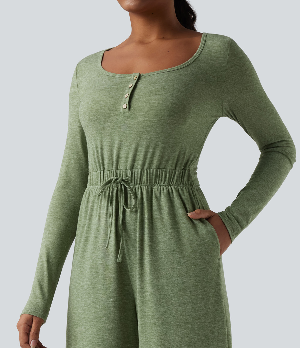 Henley Long Sleeve Drawstring Heathered Casual Baggy Jumpsuit with Pockets — Light Green Floral Yarn — view 5