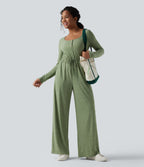 Henley Long Sleeve Drawstring Heathered Casual Baggy Jumpsuit with Pockets — Light Green Floral Yarn — view 6