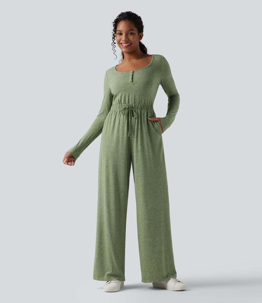 Henley Long Sleeve Drawstring Heathered Casual Baggy Jumpsuit with Pockets — Light Green Floral Yarn — view 3