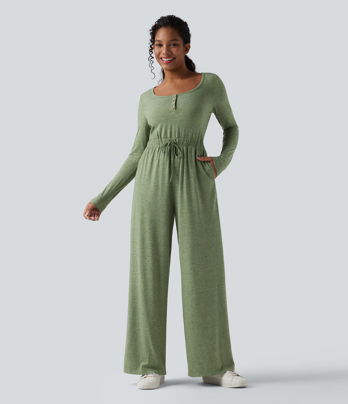 Henley Long Sleeve Drawstring Heathered Casual Baggy Jumpsuit with Pockets — Light Green Floral Yarn — view 3