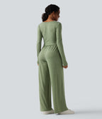 Henley Long Sleeve Drawstring Heathered Casual Baggy Jumpsuit with Pockets — Light Green Floral Yarn — view 2