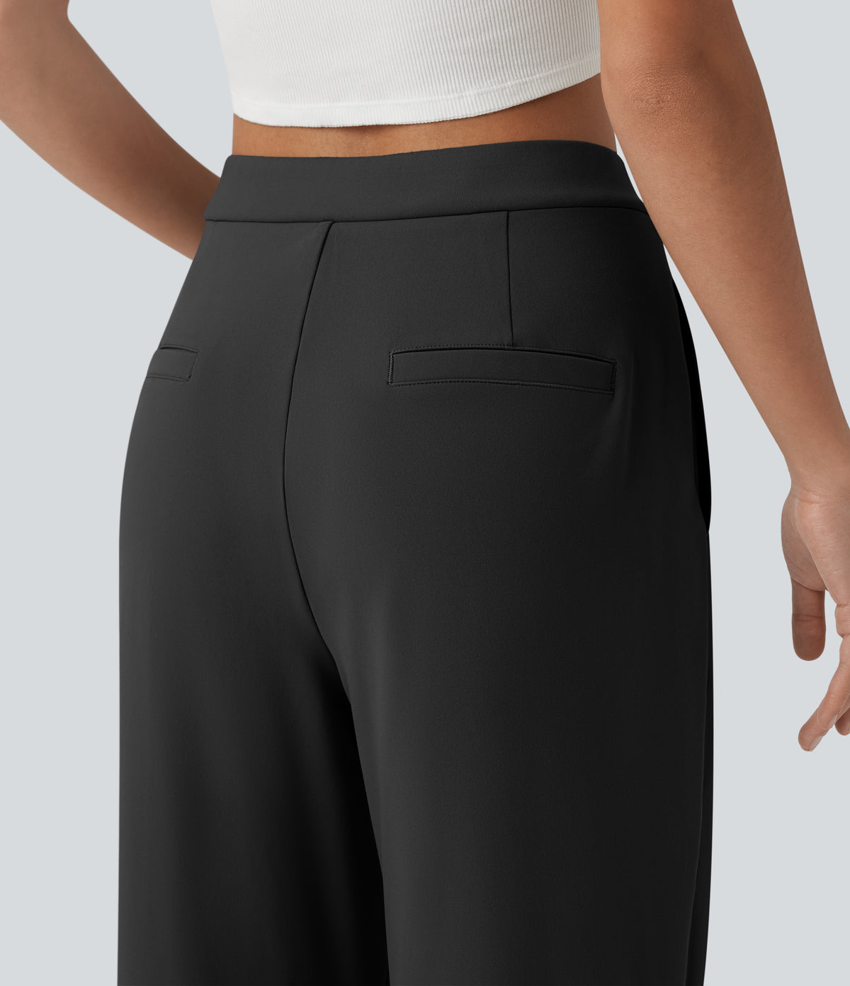 Asymmetric Mid Rise Work Straight Leg Trousers with Pockets — Black — view 5
