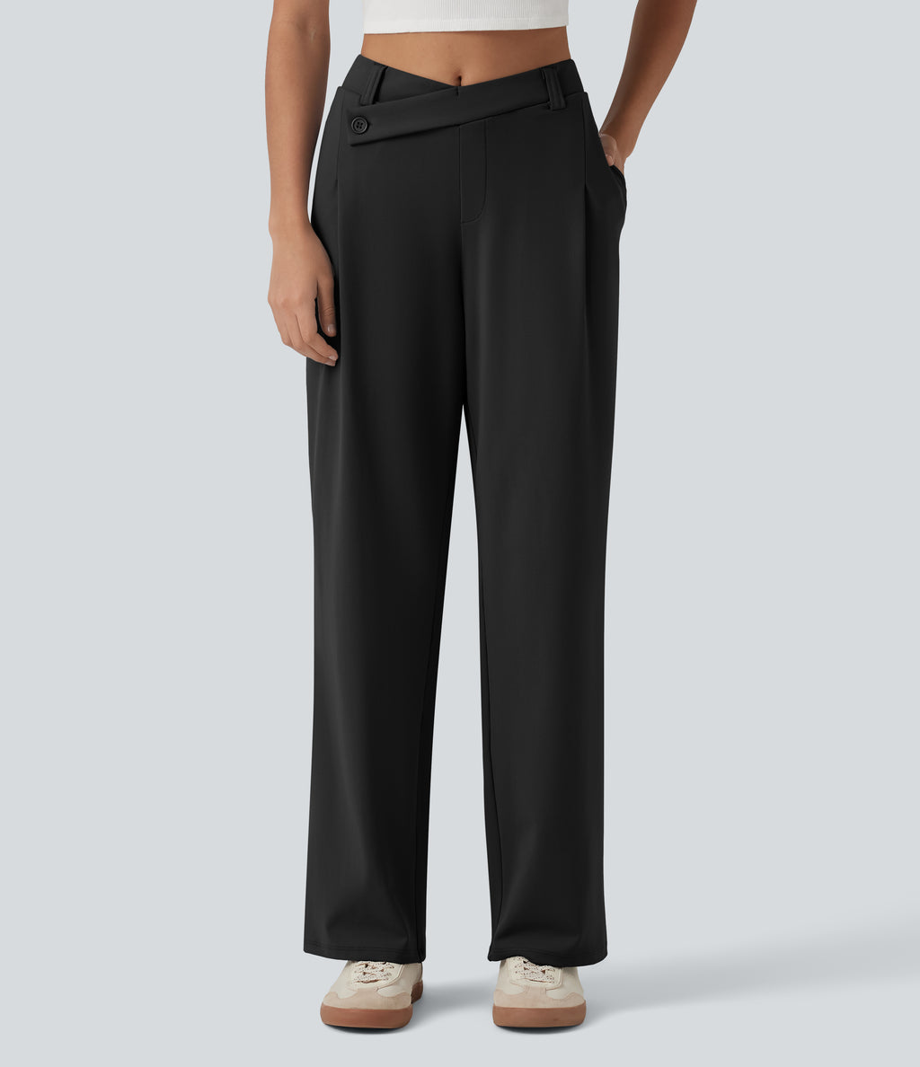 Asymmetric Mid Rise Work Straight Leg Trousers with Pockets — Black — view 1