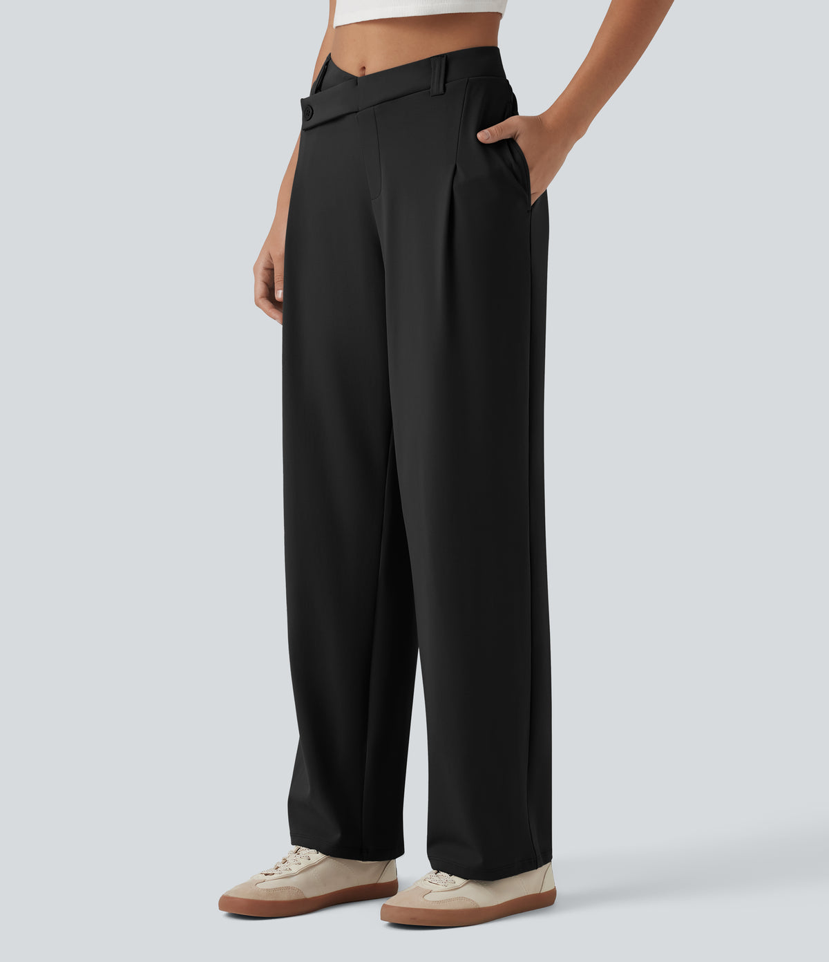 Asymmetric Mid Rise Work Straight Leg Trousers with Pockets — Black — view 3
