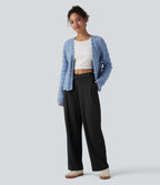 Asymmetric Mid Rise Work Straight Leg Trousers with Pockets — Black — view 6