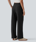 Asymmetric Mid Rise Work Straight Leg Trousers with Pockets — Black — view 2
