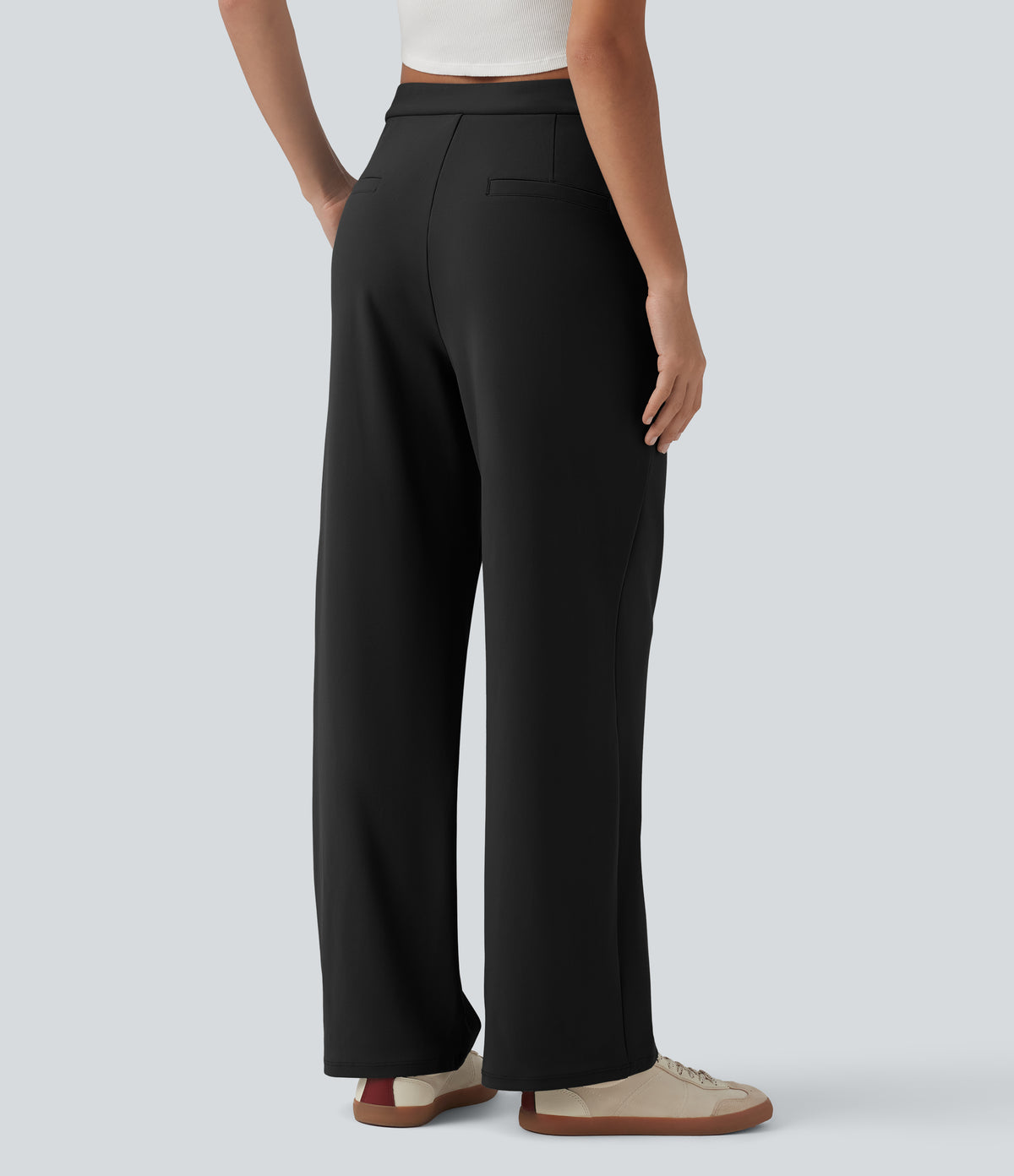 Asymmetric Mid Rise Work Straight Leg Trousers with Pockets — Black — view 2