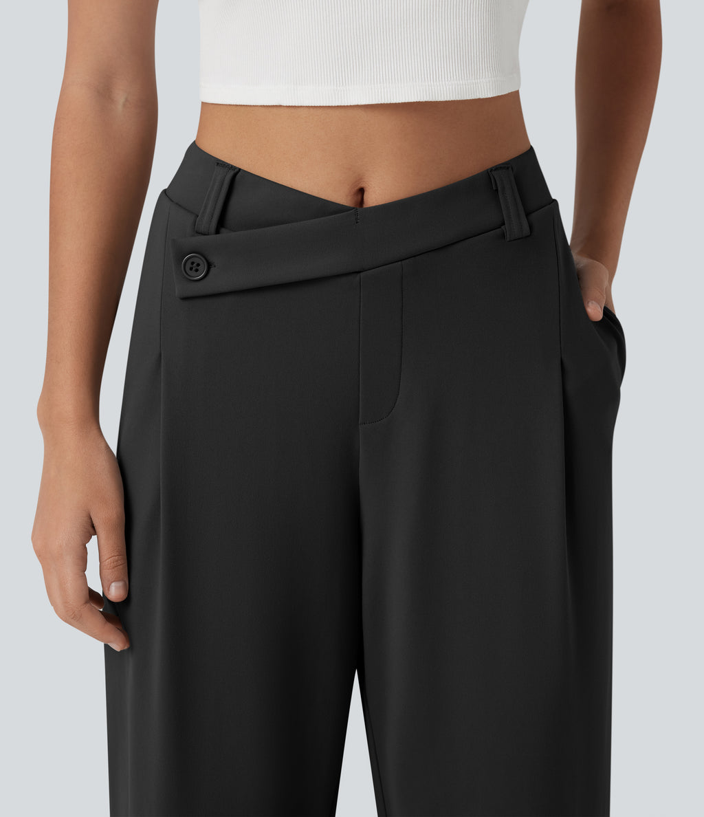 Asymmetric Mid Rise Work Straight Leg Trousers with Pockets — Black — view 4