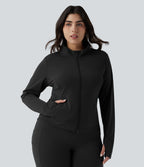 Stand Collar Thumb Hole Pockets Pleated Zipper Slim Hiking Plus Size Jacket-UPF50+ — Black — view 2