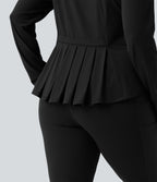 Stand Collar Thumb Hole Pockets Pleated Zipper Slim Hiking Plus Size Jacket-UPF50+ — Black — view 6