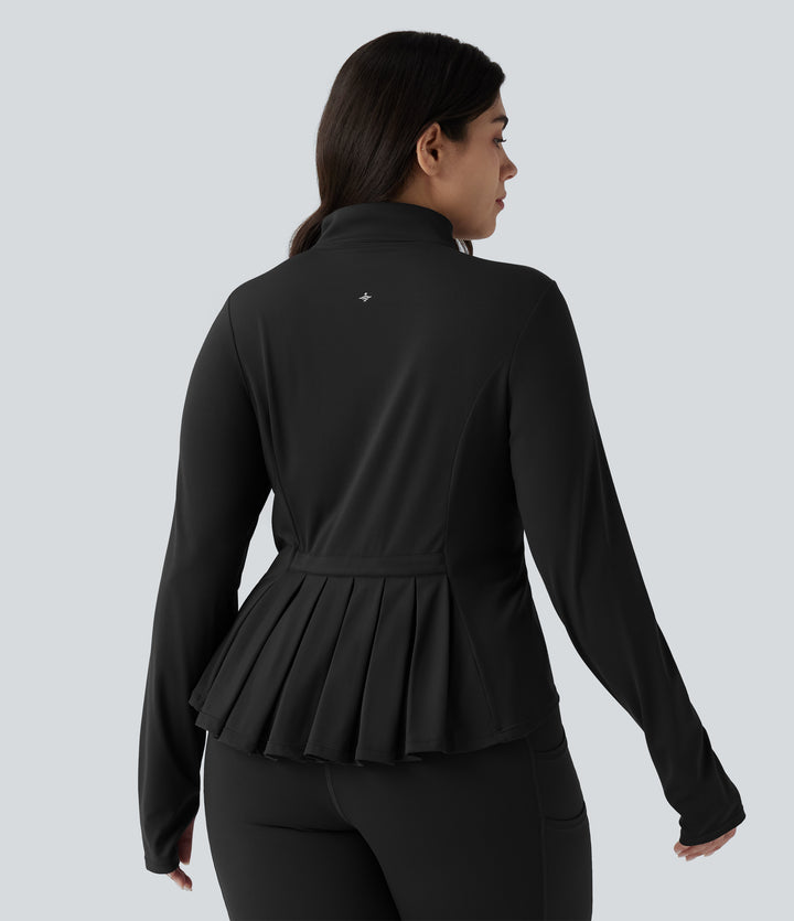 Stand Collar Thumb Hole Pockets Pleated Zipper Slim Hiking Plus Size Jacket-UPF50+ — Black — view 1