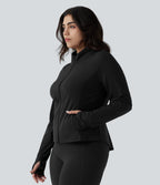Stand Collar Thumb Hole Pockets Pleated Zipper Slim Hiking Plus Size Jacket-UPF50+ — Black — view 3