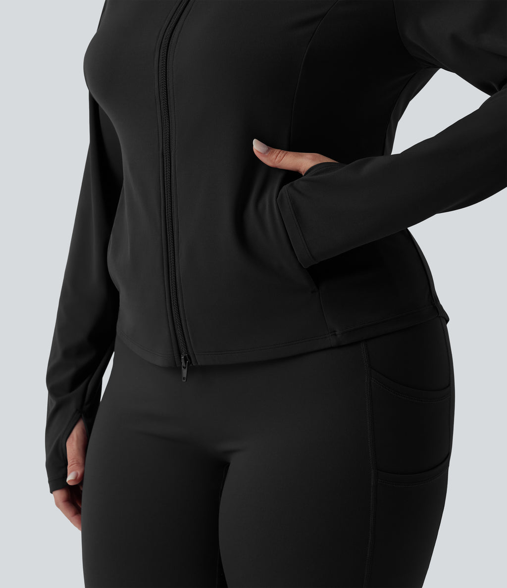 Stand Collar Thumb Hole Pockets Pleated Zipper Slim Hiking Plus Size Jacket-UPF50+ — Black — view 5