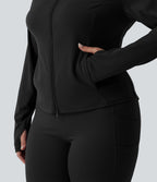 Stand Collar Thumb Hole Pockets Pleated Zipper Slim Hiking Plus Size Jacket-UPF50+ — Black — view 5