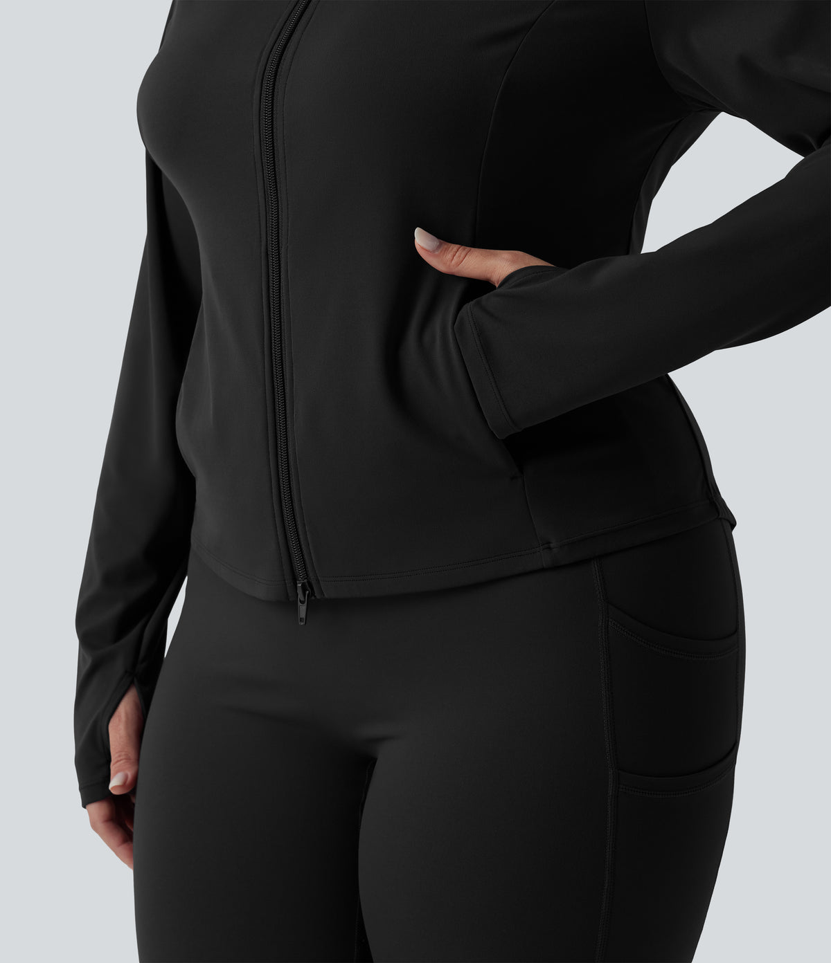 Stand Collar Thumb Hole Pockets Pleated Zipper Slim Hiking Plus Size Jacket-UPF50+ — Black — view 5