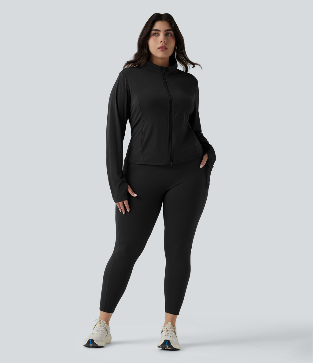Stand Collar Thumb Hole Pockets Pleated Zipper Slim Hiking Plus Size Jacket-UPF50+ — Black — view 7