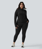 Stand Collar Thumb Hole Pockets Pleated Zipper Slim Hiking Plus Size Jacket-UPF50+ — Black — view 7