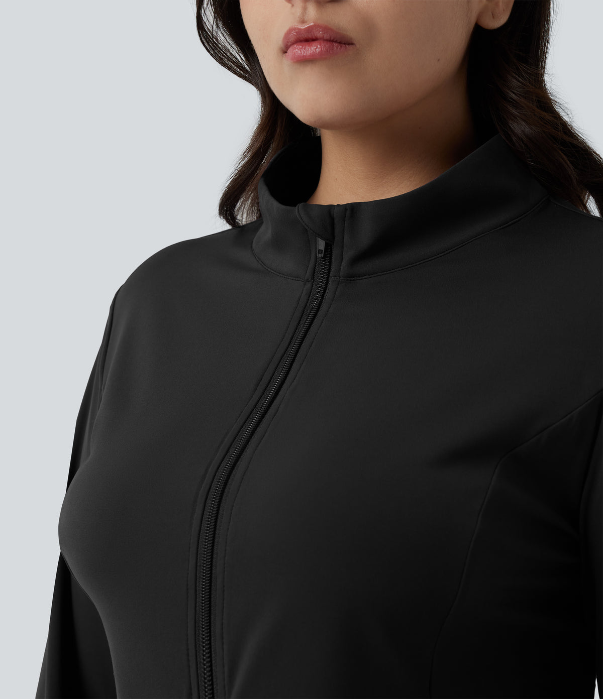 Stand Collar Thumb Hole Pockets Pleated Zipper Slim Hiking Plus Size Jacket-UPF50+ — Black — view 4