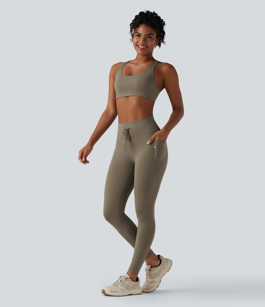 High Waisted Drawstring Plain Yoga 7/8 Leggings with Pockets — Hay Brown — view 6