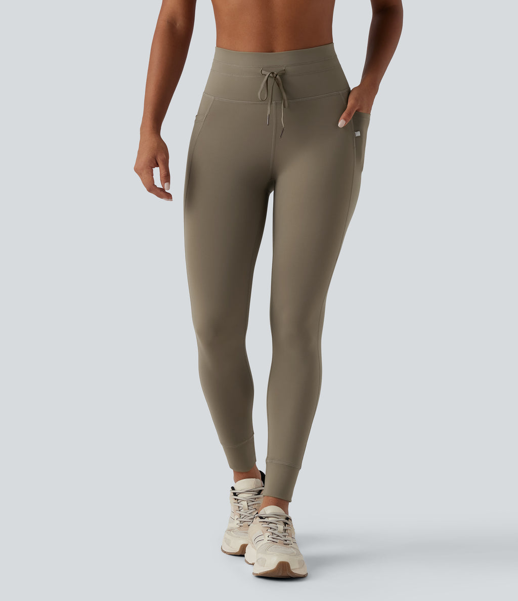 High Waisted Drawstring Plain Yoga 7/8 Leggings with Pockets — Hay Brown — view 3