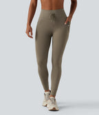 High Waisted Drawstring Plain Yoga 7/8 Leggings with Pockets — Hay Brown — view 3
