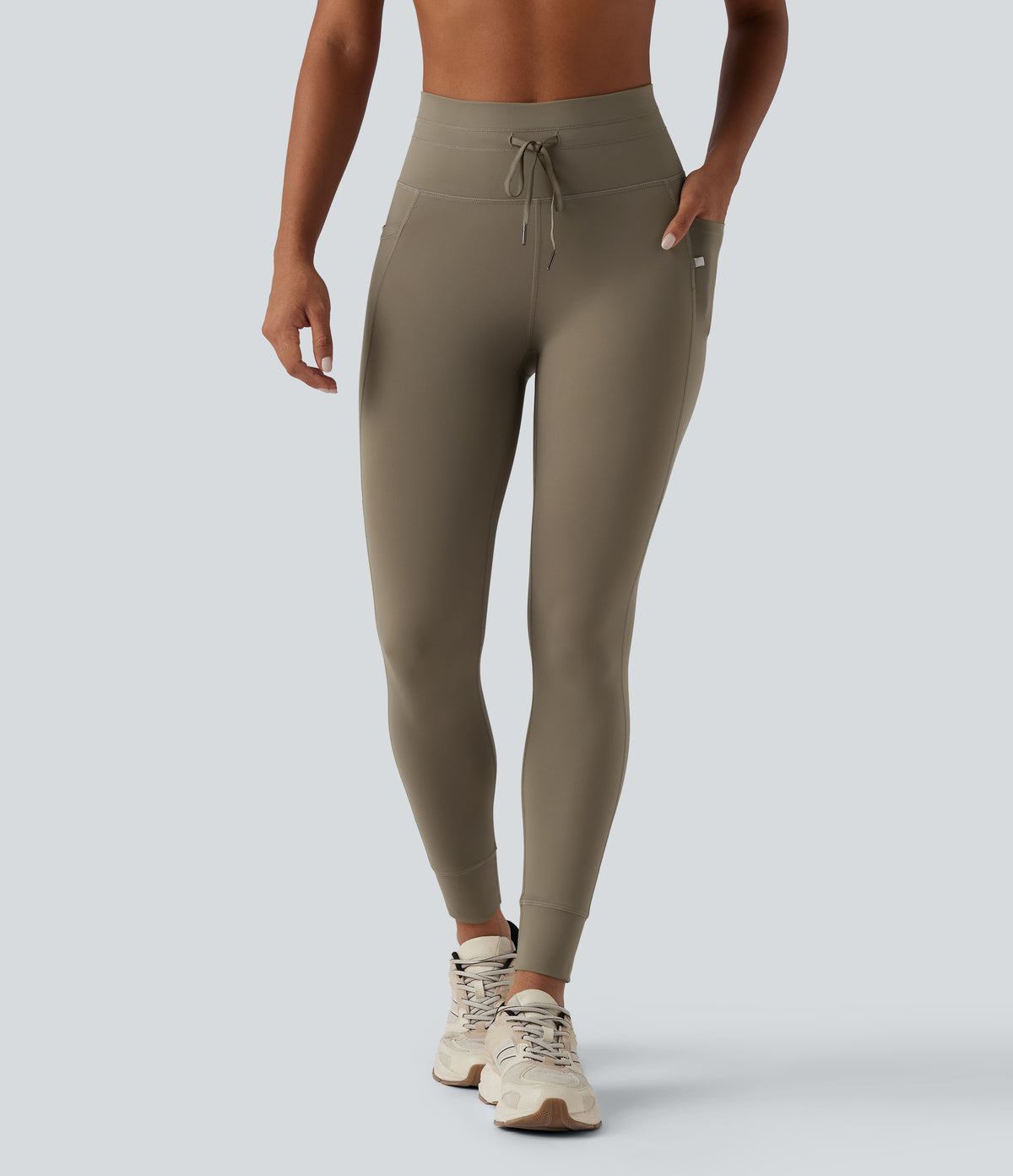 High Waisted Drawstring Plain Yoga 7/8 Leggings with Pockets — Hay Brown — view 3