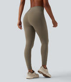 High Waisted Drawstring Plain Yoga 7/8 Leggings with Pockets — Hay Brown — view 2