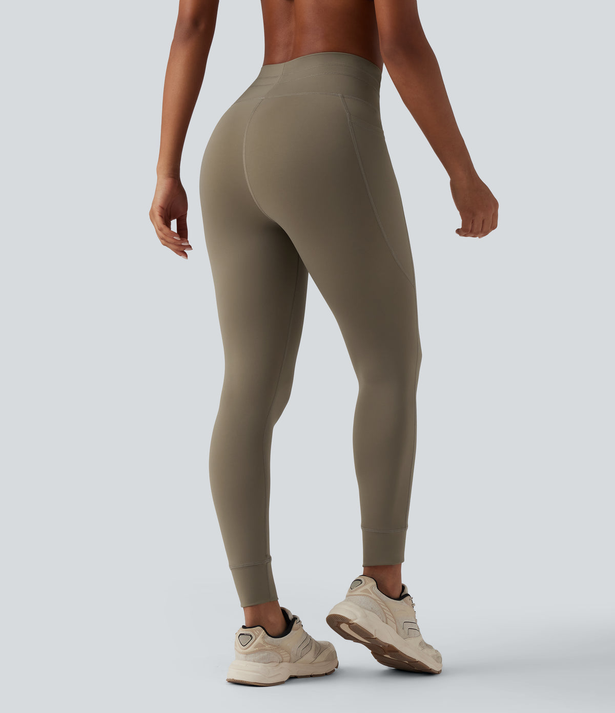 High Waisted Drawstring Plain Yoga 7/8 Leggings with Pockets — Hay Brown — view 2