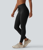 High Waisted Drawstring Plain Yoga 7/8 Leggings with Pockets — Black — view 7