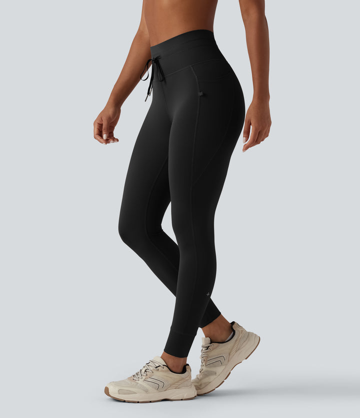 High Waisted Drawstring Plain Yoga 7/8 Leggings with Pockets — Black — view 7