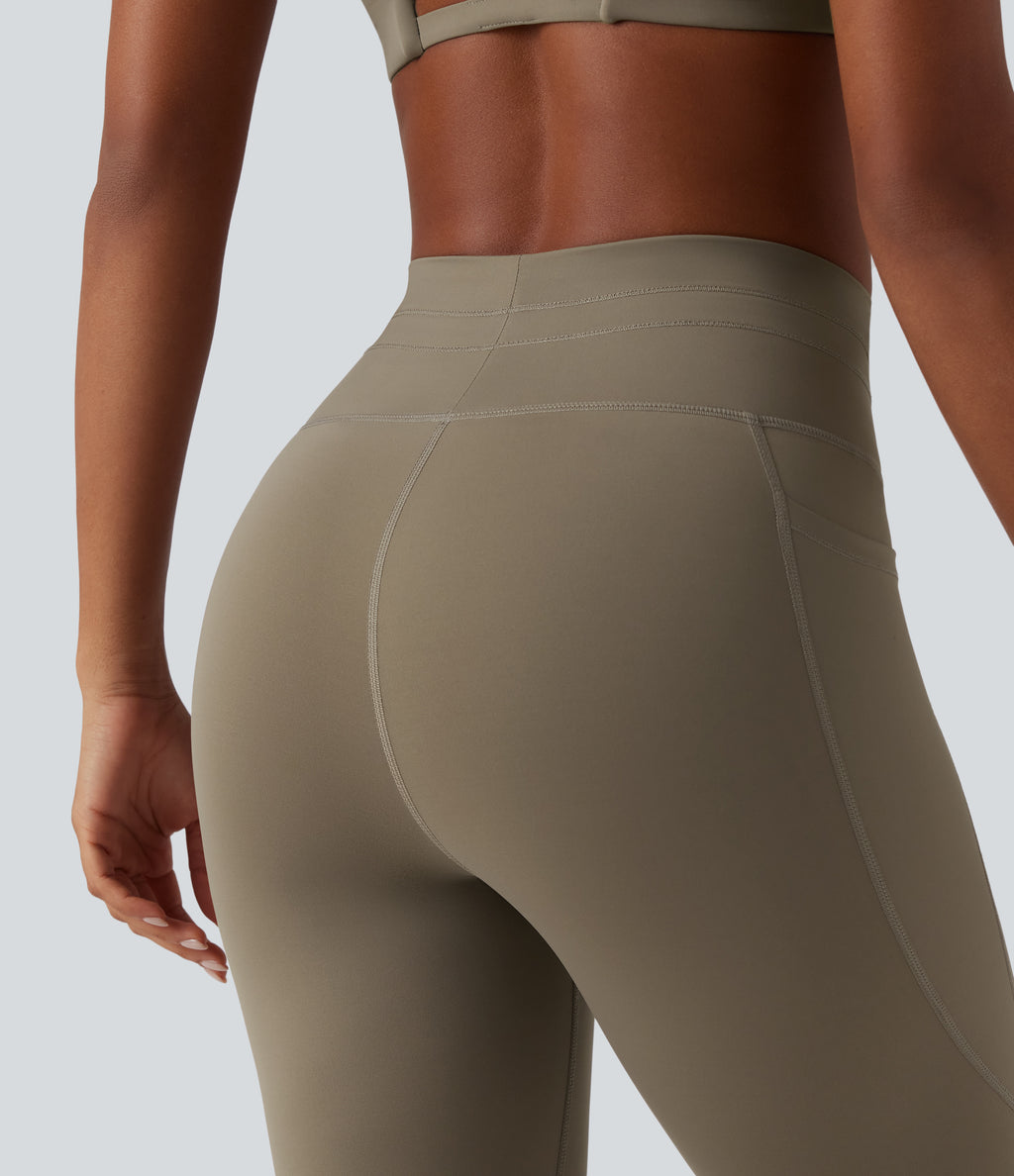 High Waisted Drawstring Plain Yoga 7/8 Leggings with Pockets — Hay Brown — view 5