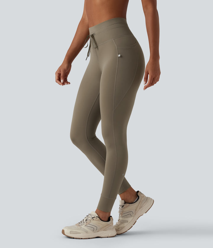 High Waisted Drawstring Plain Yoga 7/8 Leggings with Pockets — Hay Brown — view 1