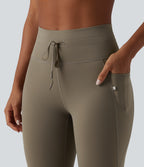 High Waisted Drawstring Plain Yoga 7/8 Leggings with Pockets — Hay Brown — view 4