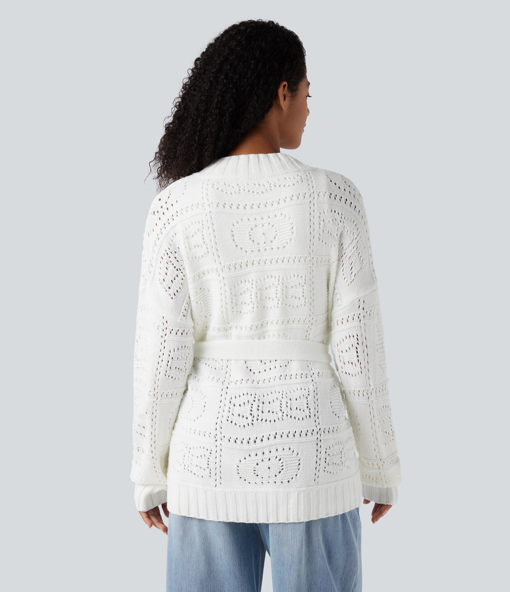 Open Front Long Sleeve Belted Jumper Knit Casual Cardigan — White — view 2
