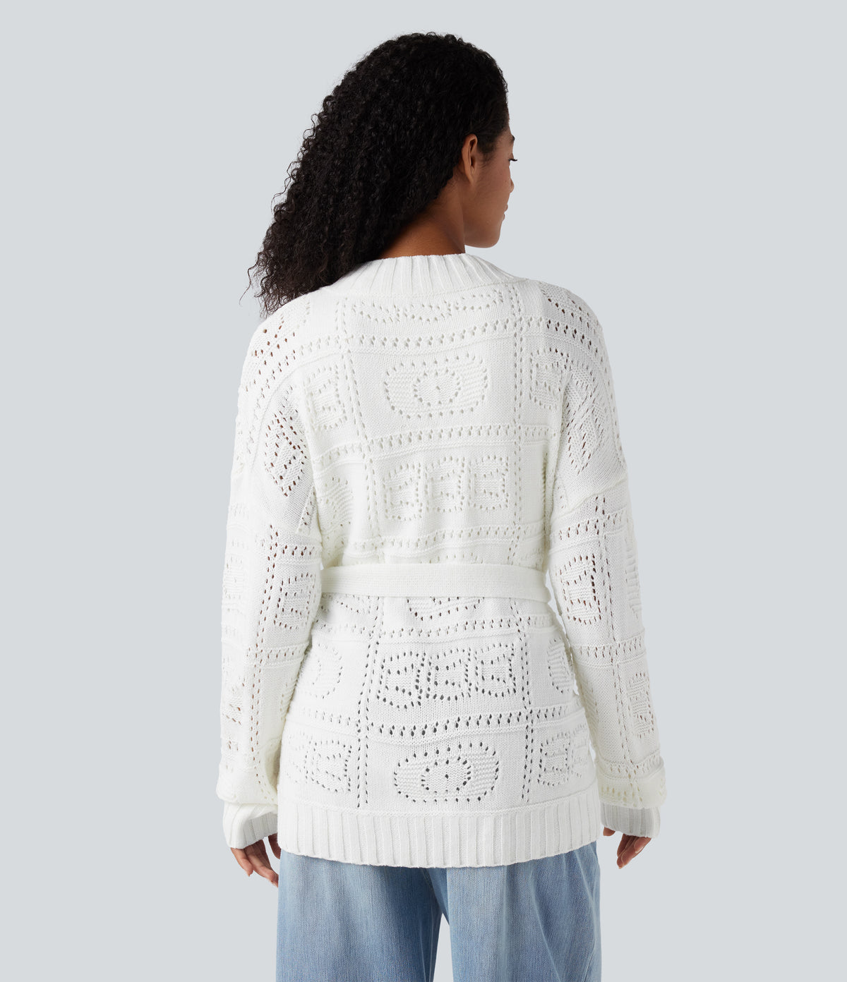 Open Front Long Sleeve Belted Jumper Knit Casual Cardigan — White — view 2