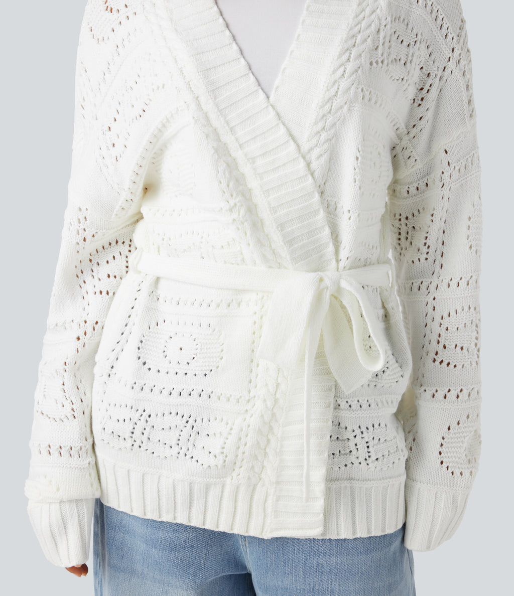 Open Front Long Sleeve Belted Jumper Knit Casual Cardigan — White — view 4