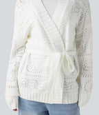 Open Front Long Sleeve Belted Jumper Knit Casual Cardigan — White — view 4