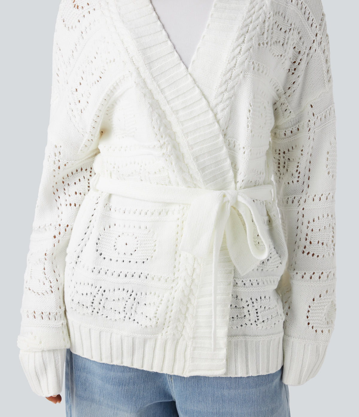 Open Front Long Sleeve Belted Jumper Knit Casual Cardigan — White — view 4
